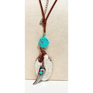 Long Boho Natural Stone Wing Blessed Charm Suede Cord Necklace